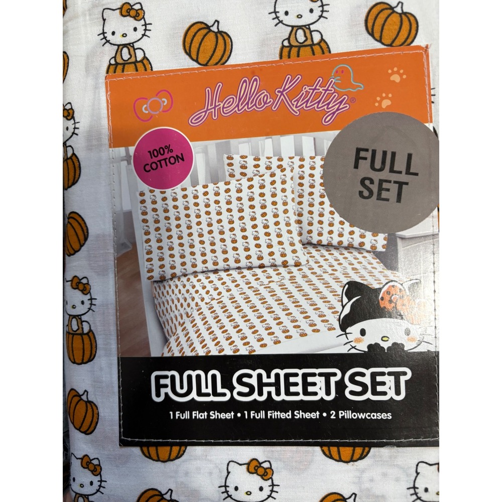 Sanrio Hello Kitty Halloween Pumpkin Full Sheet Set 100% Cotton 4pc White Orange